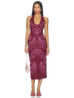 The Wolf Gang - Lera Women's Halter Neck Embroidered Midi Dress Magenta