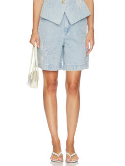 The Wolf Gang - Amana Women's Floral Embroidered Denim Shorts Blue
