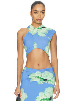 The Wolf Gang - Veda Women's Floral Print Asymmetrical Crop Top Cornflower