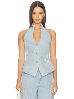 The Wolf Gang - Amana Women's Floral Embroidered Halter Neck Vest Blue