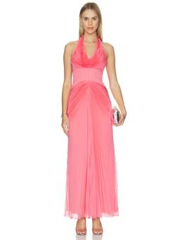 AMUR - Enly Pleated Ruched Women's Halter Plunging Neck Gown Pink