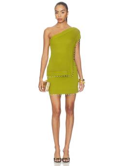 AMUR - Alaia Day Women's One Shoulder Beaded Trim Mini Dress Green