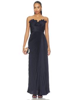 AMUR - Pleated Women's Strapless Boned Bodice Maxi Gown Navy Blue
