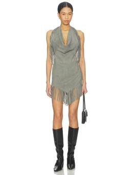 Understated Leather - Fringe Mini Women's Halter Neck Suede Mini Dress Green