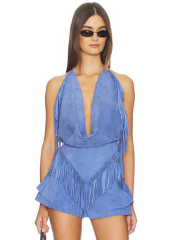 Understated Leather - Fringed Women's Backless Halter Neck Suede Top Blue