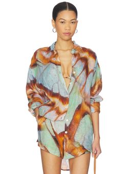 vitamin A - Playa Boyfriend Women's Printed Linen Button-Down Shirt Green