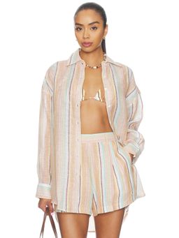 vitamin A - Playa Boyfriend Women's Striped Linen Button-Down Shirt Beige