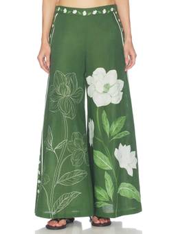 Verandah - Magnolia Women's Mid-Waist Flared Palazzo Pants Green