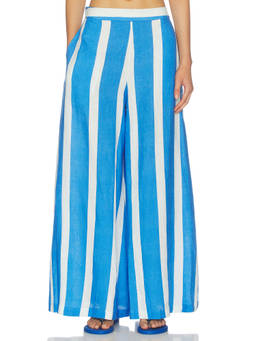 Verandah - Women's Linen-Cotton Wide Leg Lounge Pants Ivory & Blue Stripe