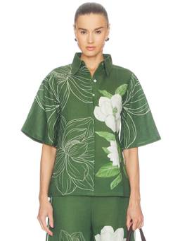 Verandah - Floral Bell Sleeve Women's Linen Blend Button-Down Shirt Green