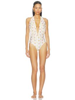 Verandah - Plunge Neck Women's Halter Tie One-Piece Swimsuit Ivory