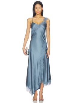 Veronica Beard - Vernon Women's Lace Trim Asymmetrical Hem Midi Dress Blue