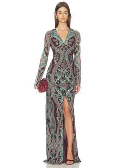 Veronica Beard - Printed Women's V-Neck Front Slit Maxi Dress Multi-Color