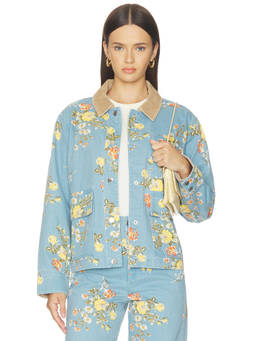 Veronica Beard - Leighton Women's Floral Cord Collar Denim Jacket Blue