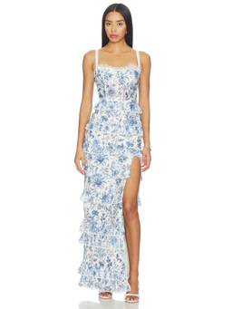 V. Chapman - Toile Print Women's Corset Lace-Up Midi Dress Blue
