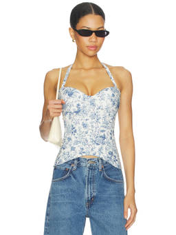 V. Chapman - Women's Floral Halter Neck Lace-Up Corset Top Blue