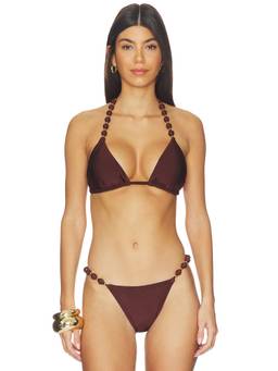 villa fresca - Sole Women's Beaded Halter Triangle Bikini Top Chocolate