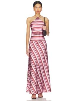 With Harper Lu - Striped Women's Sleeveless Halter Neck Maxi Dress Magenta