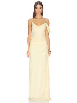 With Harper Lu - Draped Women's Ruched Cowl Neck Gown Yellow