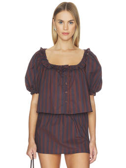 WeWoreWhat - Puff Sleeve Women's Striped Square Neck Button Up Top Brown