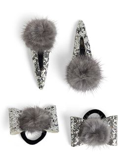 Ribbon Candy - Cute Shiny Tic-Tac Soft Pom Pom Pins and Rubber Bands - Silver and Grey