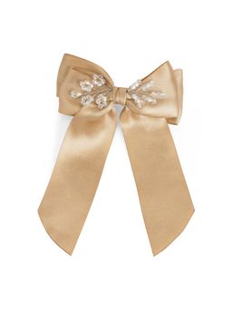 Ribbon Candy - Satin Big Bow With Crystal Flowers On Barrette Clip - Golden