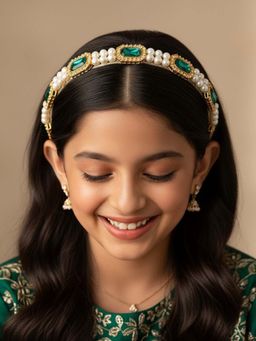 Ribbon Candy - Kundan Hairband With Pearls- Green