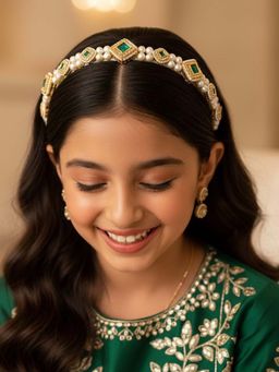 Ribbon Candy - Kundan Hairband With Pearls - Green, Gold