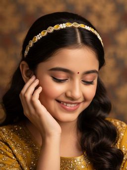 Ribbon Candy - Kundan Head Chain With Pearls - Yellow