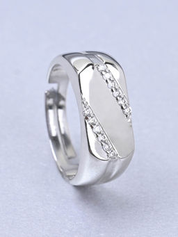 CLARA - Mens Silver Adjustable Rhodium Plated Swiss Zirconia Boaz Band Ring