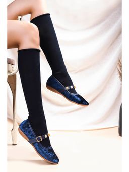SHUZ TOUCH - Blue Shuz Touch Blue Embellished Velvet Mary Jane Flat Ballerina