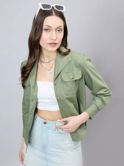 Style Quotient - Women Solid Olive Polycotton Relaxed Fit smart casual Shacket
