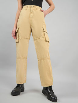 Style Quotient - Women Khaki Relaxed Fit High Rise Cargos