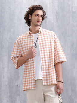 WROGN - Mens Casual Oversized Plus Fit Checked orange Shirt