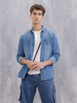 WROGN - Indigo Washed Casual Regular Fit Denim Shirt