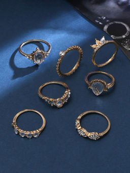 VIRAASI - Set of 7 Gold Trendy Stone Studded Ring Set For Women
