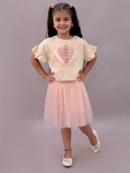 Lil Drama - Girls Paris Night Peach T-Shirt with Skirt