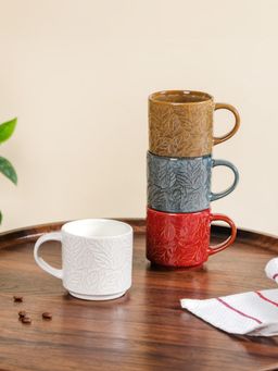 Nestasia - Ceramic Leaf Embossed Tea Cups Multicolour 250ml (Pack of 4)