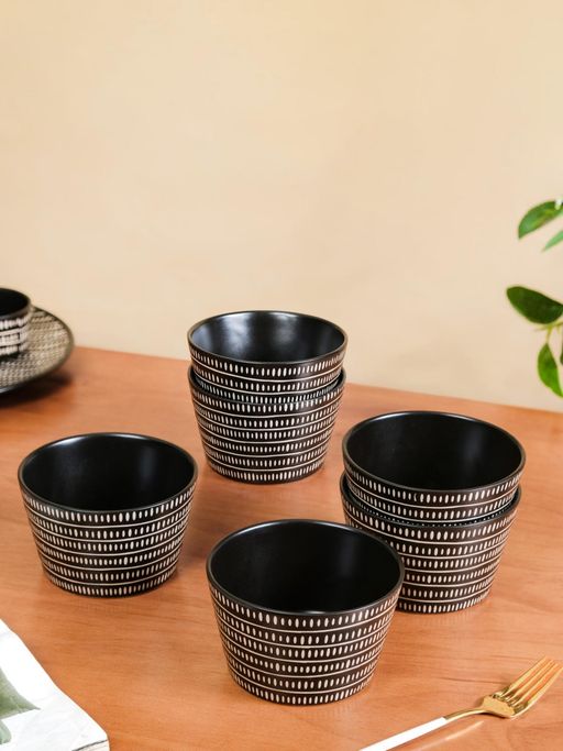 Nestasia Printed Ceramic Snack Bowl Black 600ml (Pack of 6)