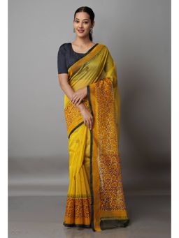 Unnati Silks - Yellow Banarasi Block Printed Cotton Silk Saree with Unstitched Blouse