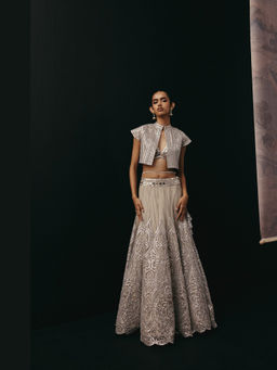 Twenty Nine - Silver Zari Mirrorwork Lehenga with Cap Sleeves Open Balero Jacket and Bralette
