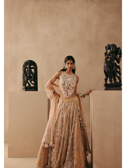 Twenty Nine - Peach Mirrorwork Lehenga with Stitched Blouse and Dupatta