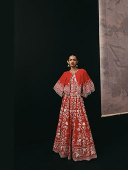 Twenty Nine - Red Parsi Gaara Lehenga with Cape Jacket and Corset