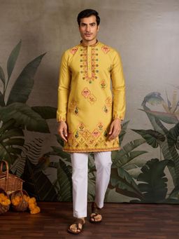 Odette - Yellow Silk Blend Embroidered Stitched Men Kurta