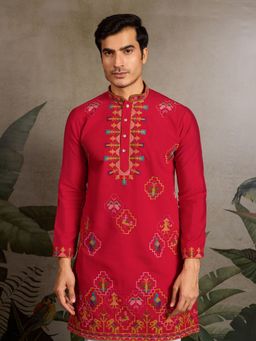 Odette - Red Silk Blend Embroidered Stitched Kurta