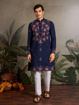 Odette - Navy Blue Silk Blend Embroidered Stitched Men Kurta