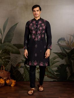 Odette - Black Silk Blend Embroidered Stitched Black Men Kurta