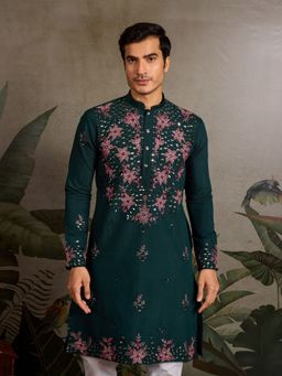 Odette - Green Silk Blend Embroidered Stitched Men Kurta