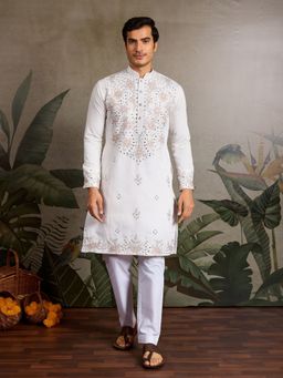 Odette - White Silk Blend Embroidered Stitched Men Kurta