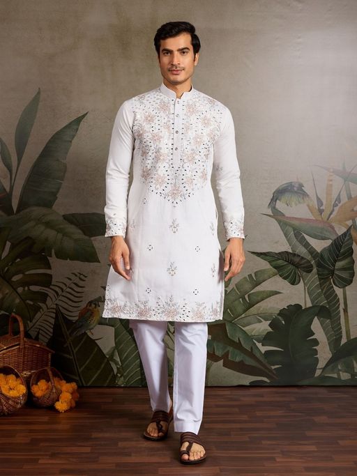 Odette White Silk Blend Embroidered Stitched Men Kurta